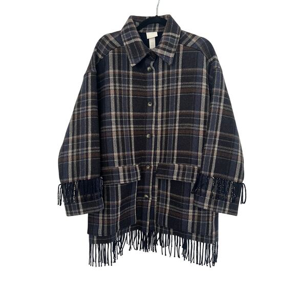 H&M Plaid Fringe Flannel Coat Jacket Womens Medium Large Cabin Winter Western - Picture 1 of 16